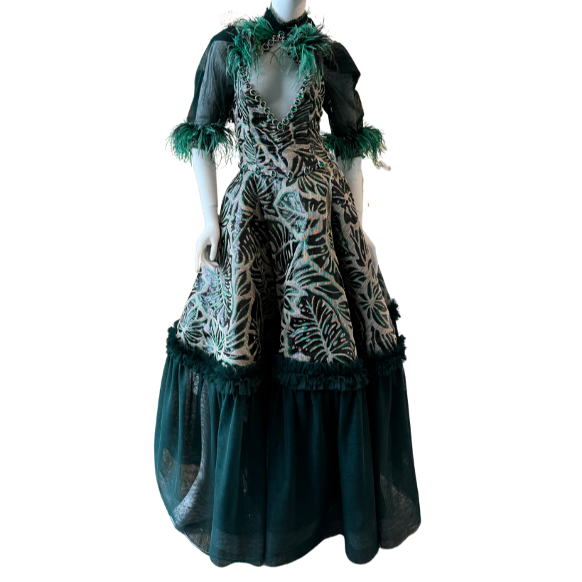 Emerald Leaf Halter Dress w/Feathers