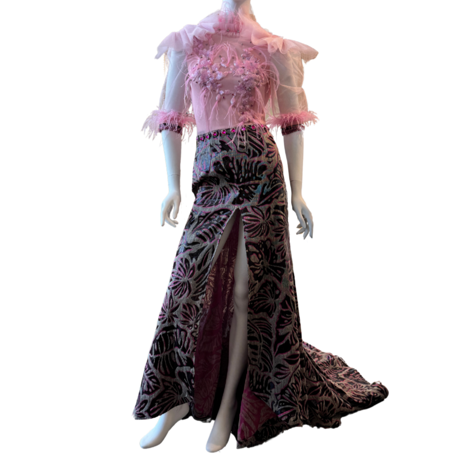 Pink/Black Leaf Dress W/Feathers
