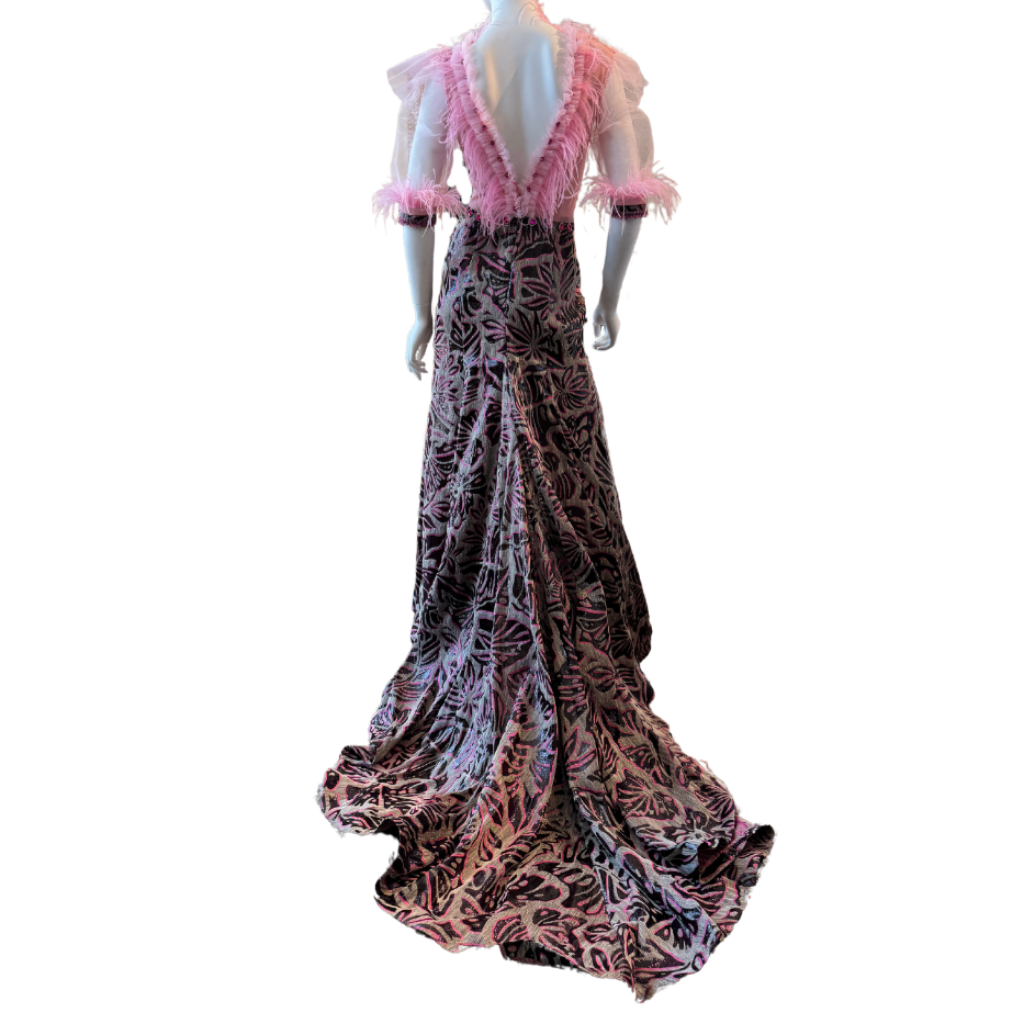 Pink/Black Leaf Dress W/Feathers