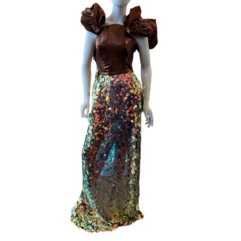 Brown Crinkle & Gold Sequin Dress