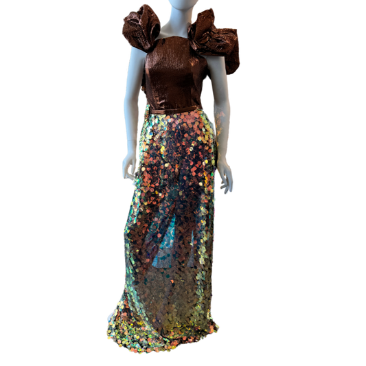 Brown Crinkle & Gold Sequin Dress