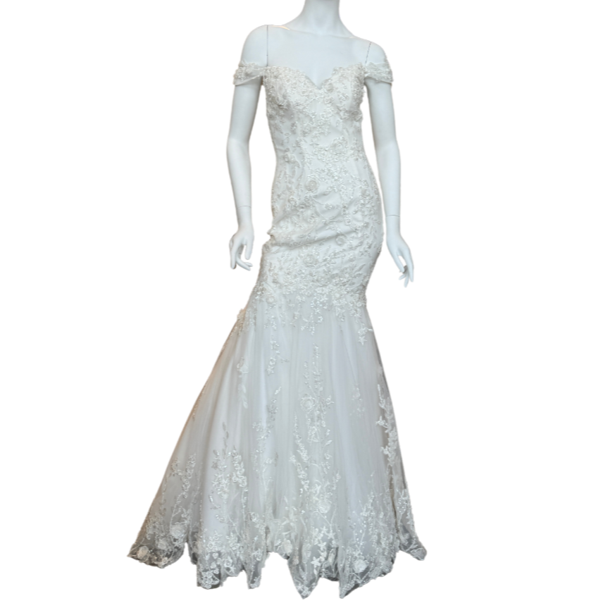White Mermaid Gown w/Beaded & Sequin Floral Embroidery
