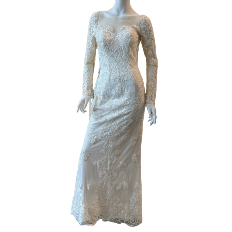 White Lace w/Sequin Long Sleeve Fitted Gown