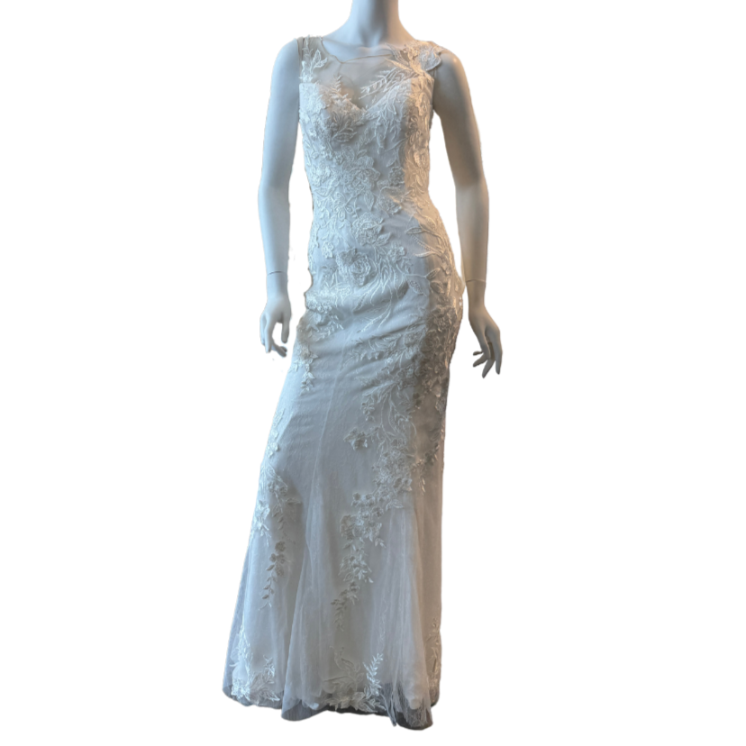 White Fitted Gown w/Floral Sequin Appliqué