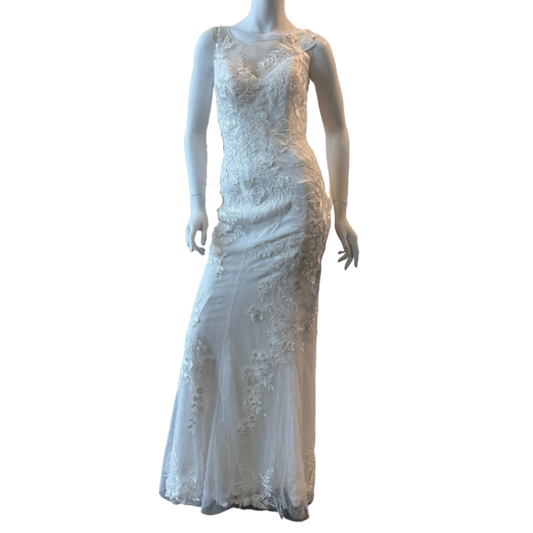 White Fitted Gown w/Floral Sequin Appliqué