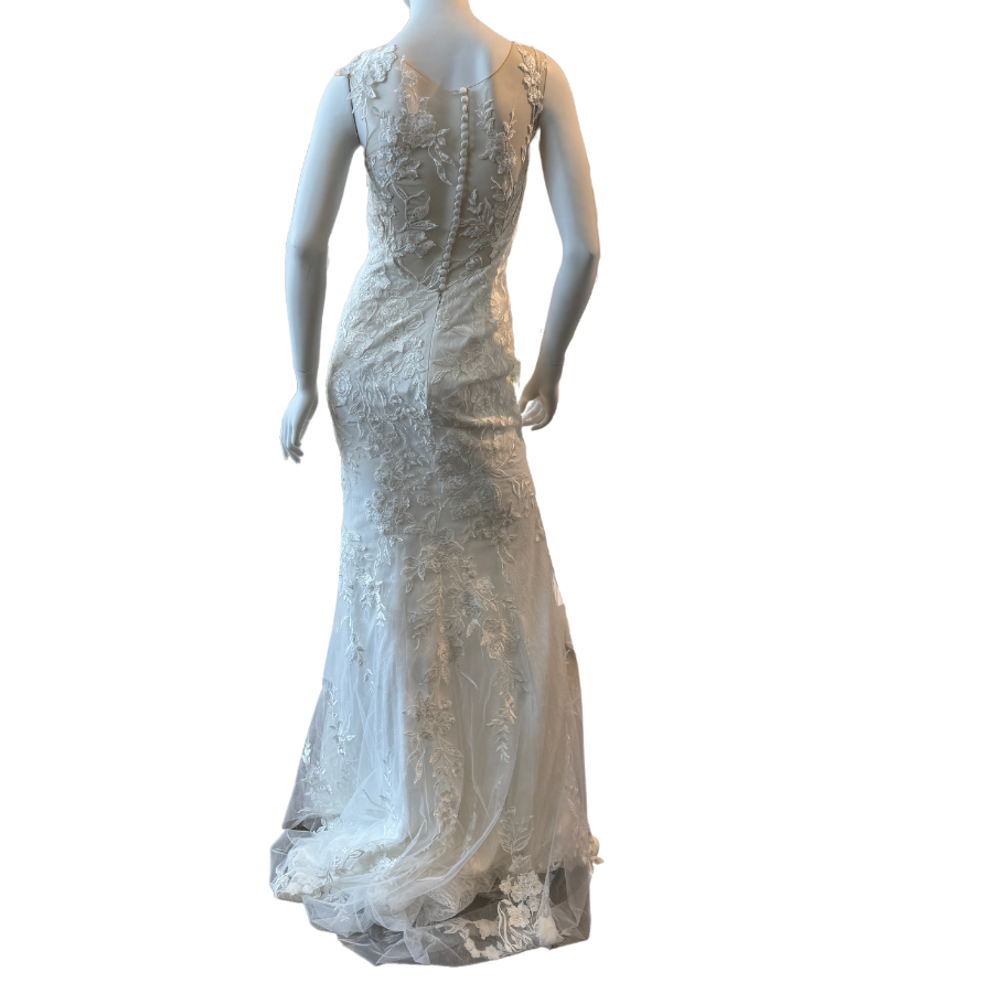 White Fitted Gown w/Floral Sequin Appliqué