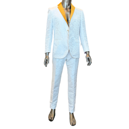 White Floral Suit w/Gold Lapel