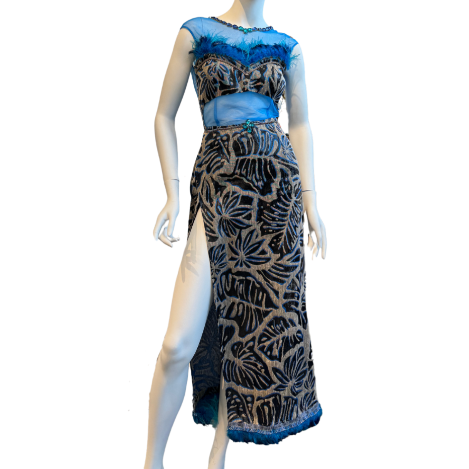 Bright Blue/Black Feathered Sheath Dress