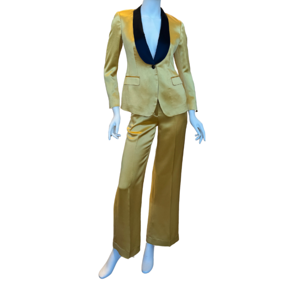 Gold Satin Pantsuit w/Black Lapel
