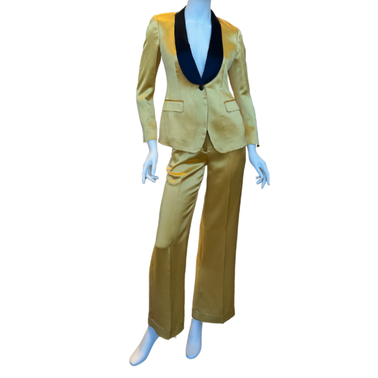 SOLD! Gold Satin Pantsuit w/Black Lapel