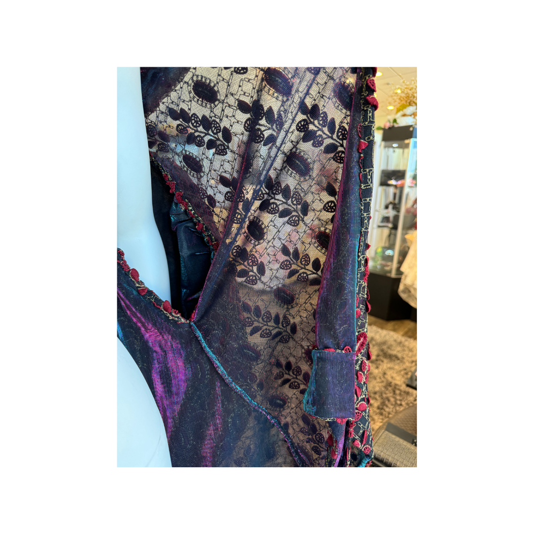 Red/Gold Embroidered Black Mesh Cape