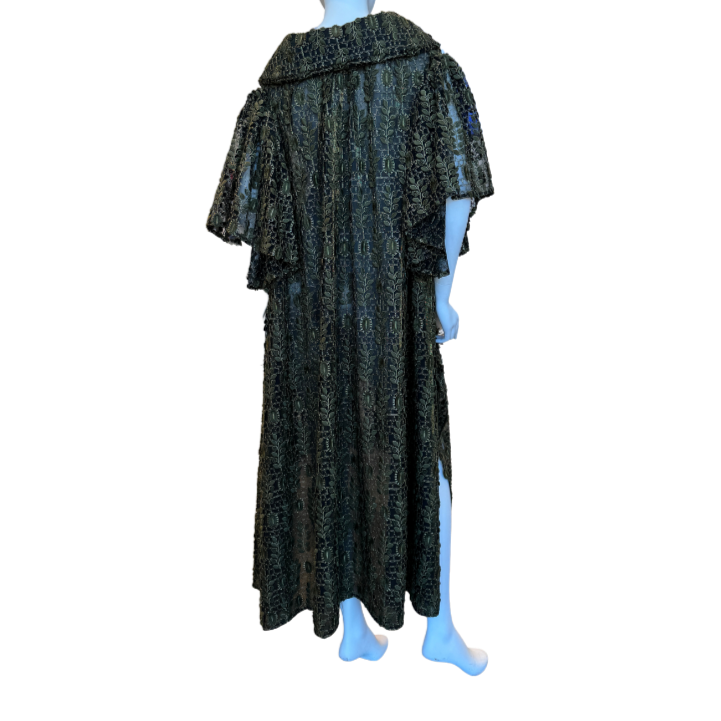 Olive Green/Gold Embroidered Black Mesh Cape