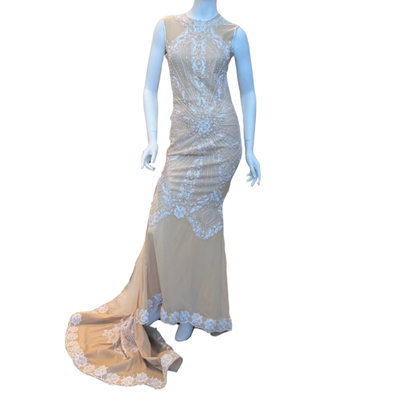 Nude/White Beaded Gown w/Tulle