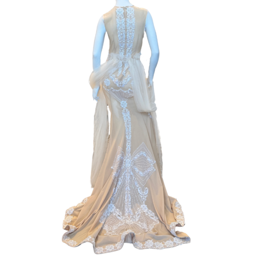 Nude/White Beaded Gown w/Tulle