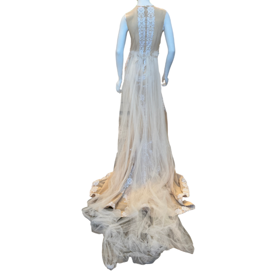Nude/White Beaded Gown w/Tulle