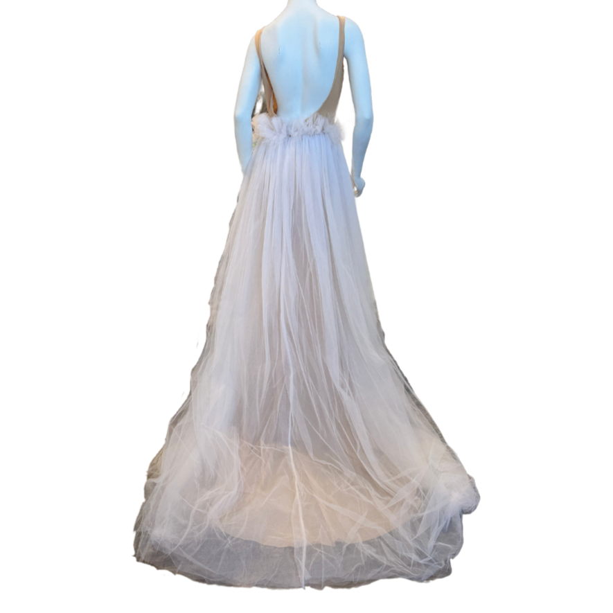 White/Nude Tulle Gown w/Floral Appliqués