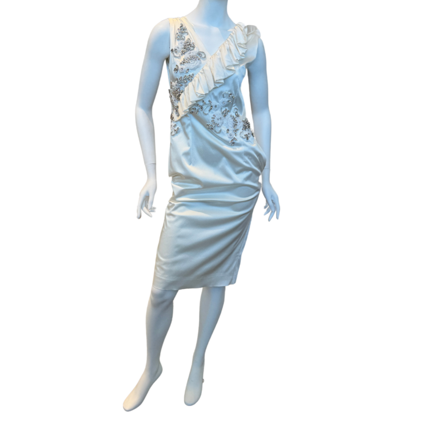 Cream Ruffled Shift Dress w/Rhinestones