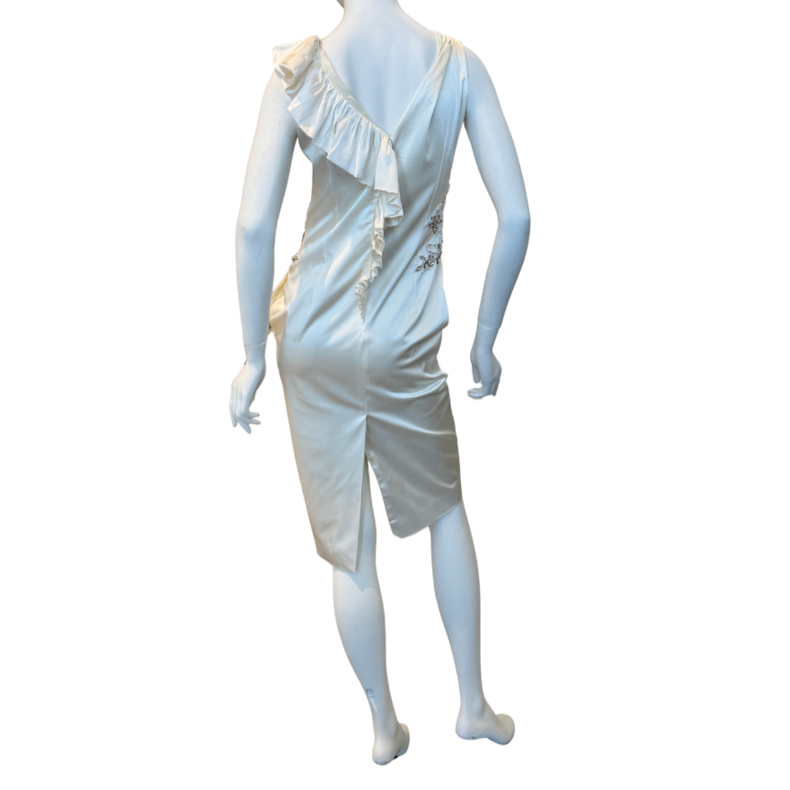 Cream Ruffled Shift Dress w/Rhinestones