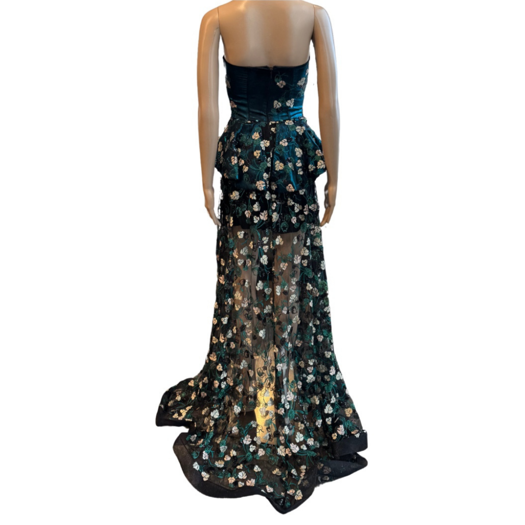 Teal Floral Strapless Peplum Dress