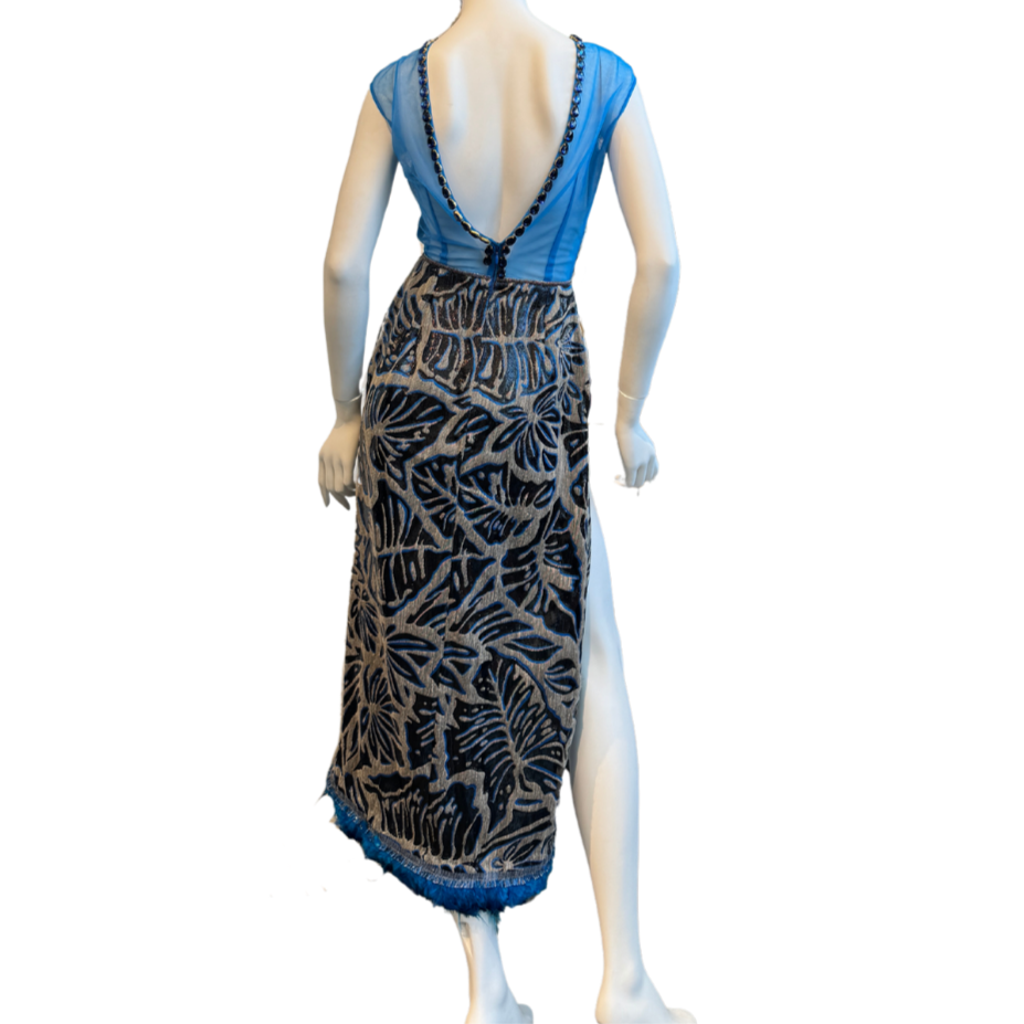 Bright Blue/Black Feathered Sheath Dress