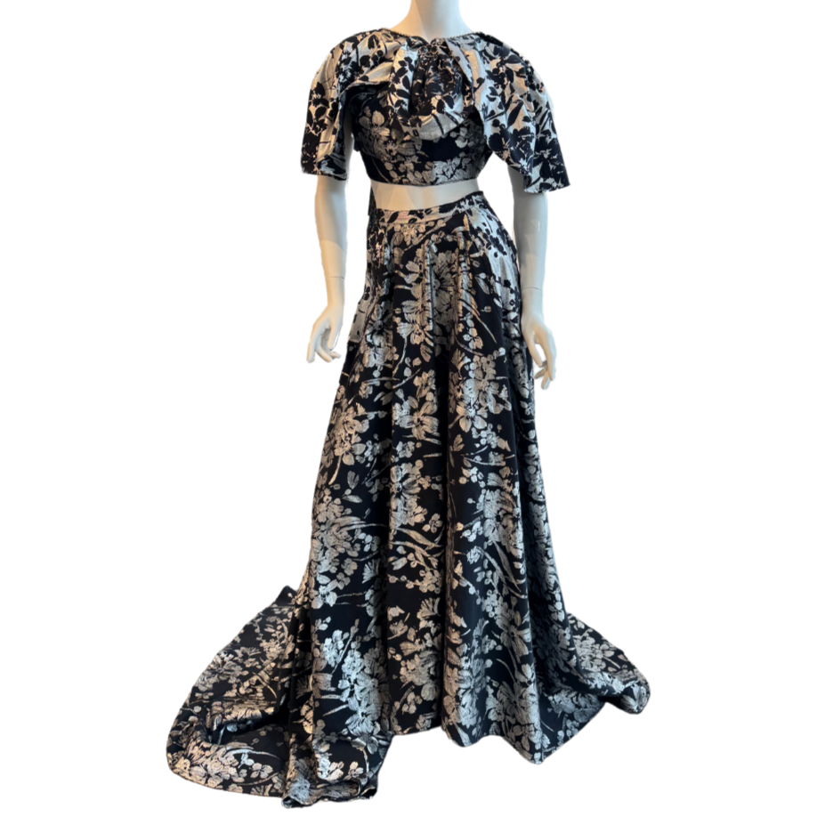 Black Metallic Silver Floral Two-Piece Gown