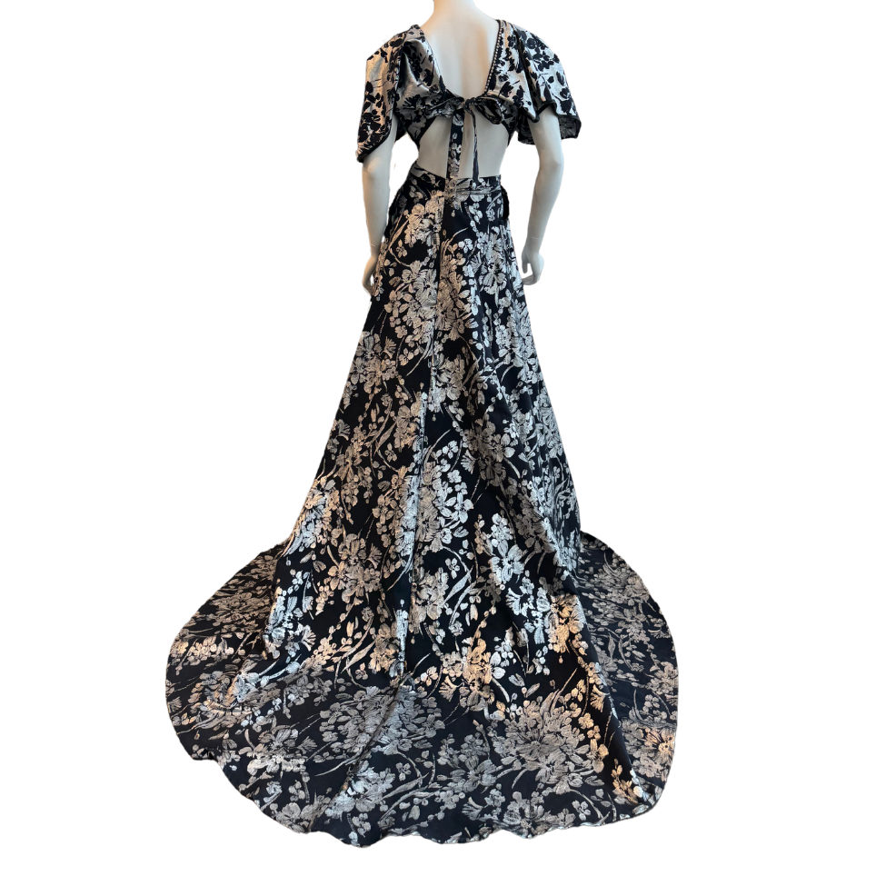 Black Metallic Silver Floral Two-Piece Gown