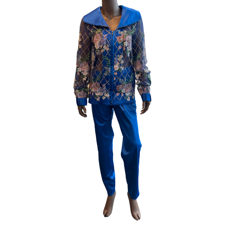 Blue Satin Floral Two-Piece Suit