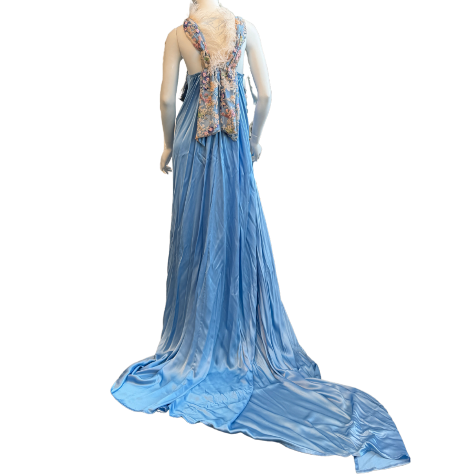 Sky Blue Satin Dress w/Floral Bow