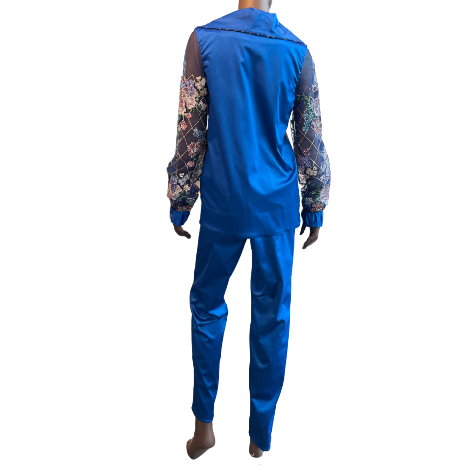 Blue Satin Floral Two-Piece Suit