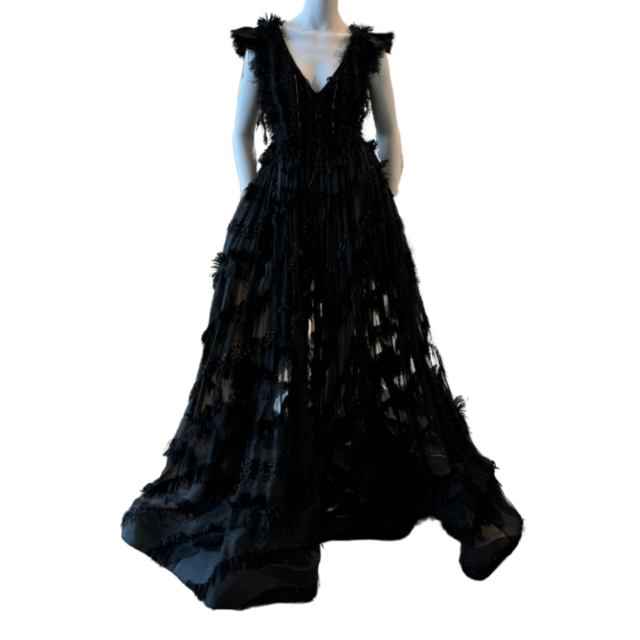 Black Fringe Sheer Full Gown