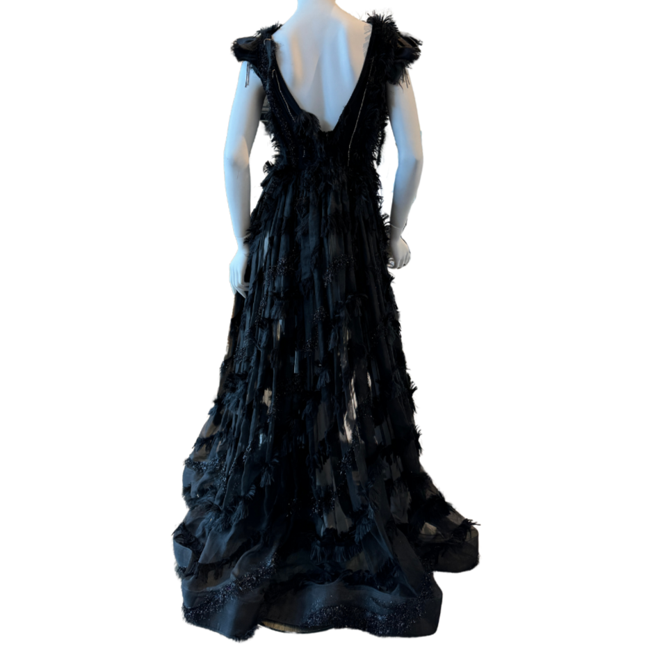 Black Fringe Sheer Full Gown