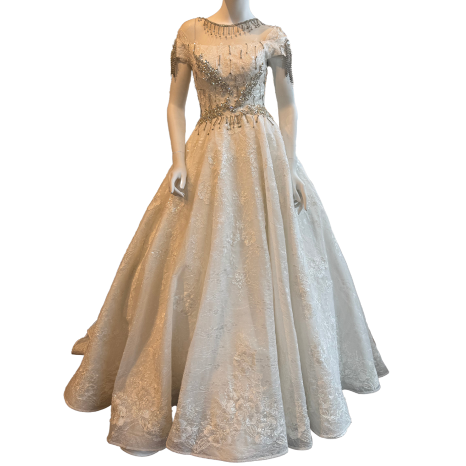 SOLD! White Cap-Sleeved Ballgown w/Rhinestone Embellishments