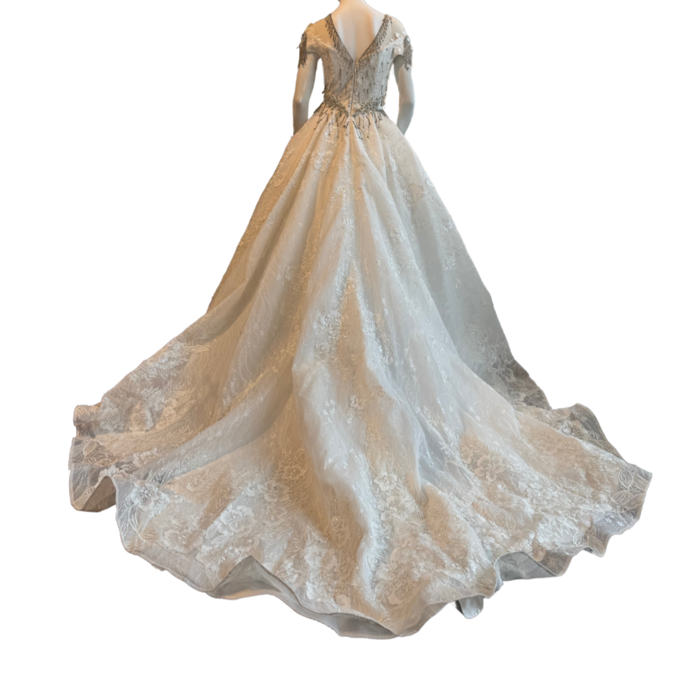 SOLD! White Cap-Sleeved Ballgown w/Rhinestone Embellishments