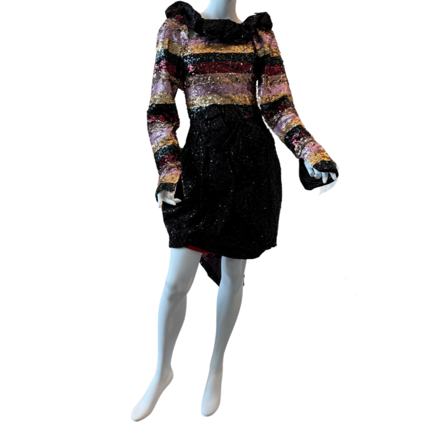 Striped Sequin Long-Sleeve Cocktail Dress