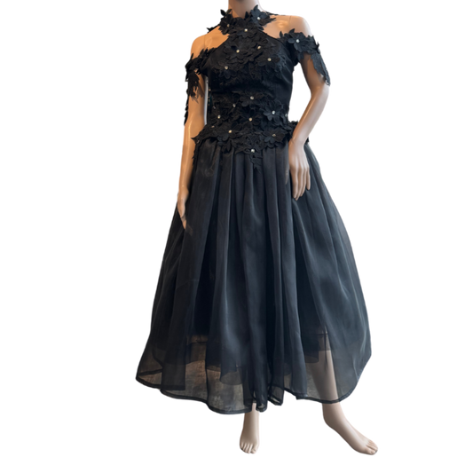 Classic Black Cocktail Dress w/Floral Lace