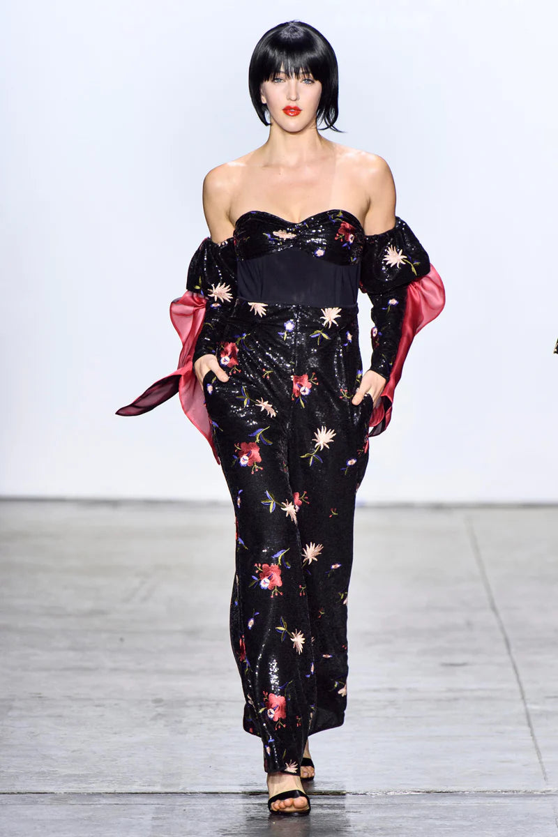 Black Floral Sequin Long Sleeve Jumpsuit