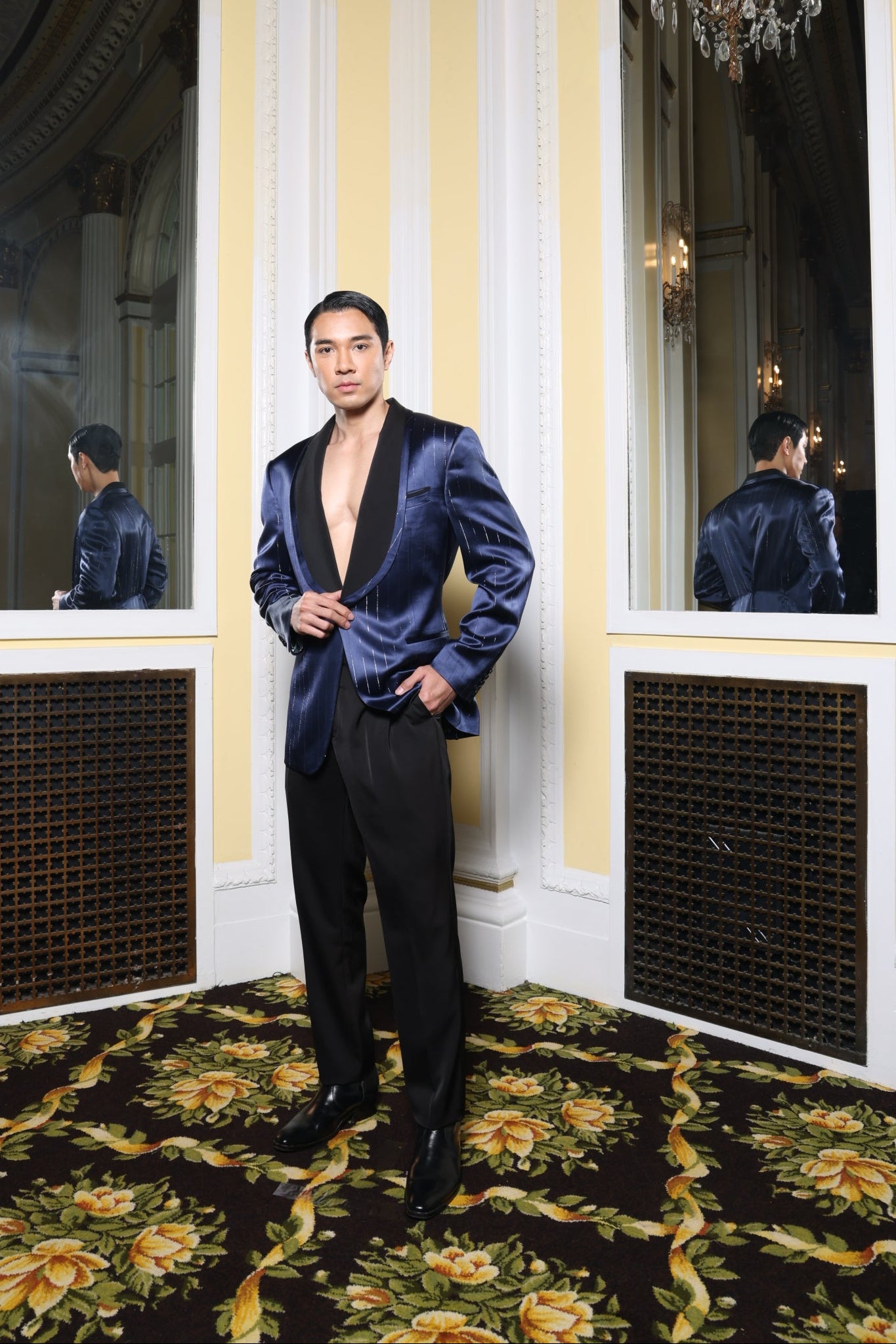 Blue Metallic Pinstriped & Black Suit