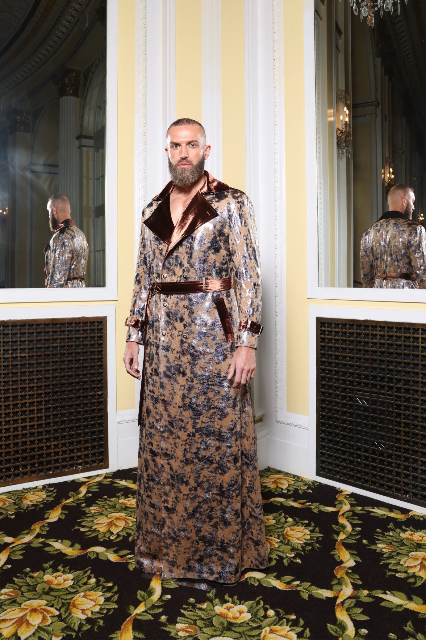 Abstract Metallic Print Belted Overcoat w/Copper Velvet Pants