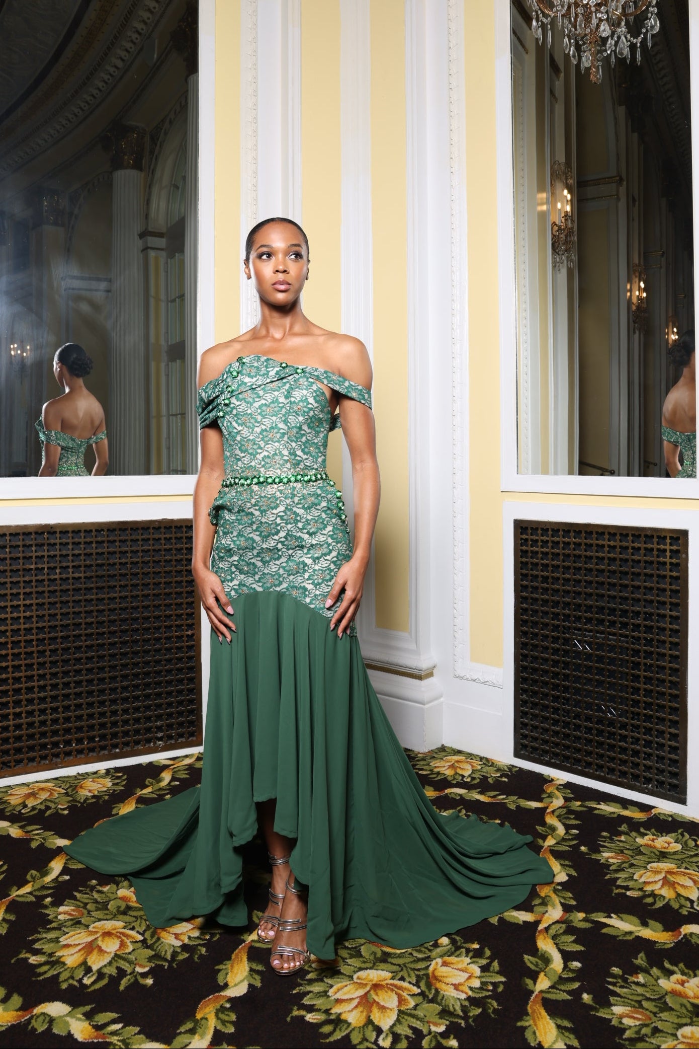 Green Lace Hi-Lo Strapless Dress