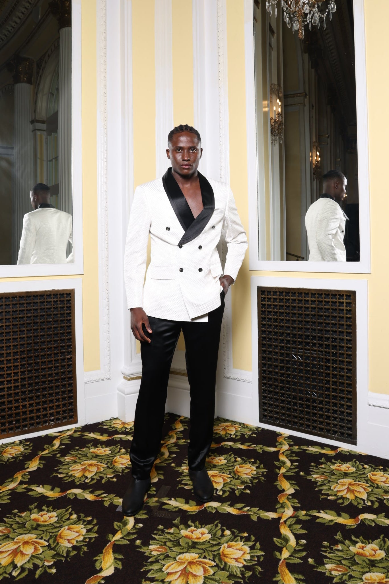 SOLD! White Textured & Black Satin Suit