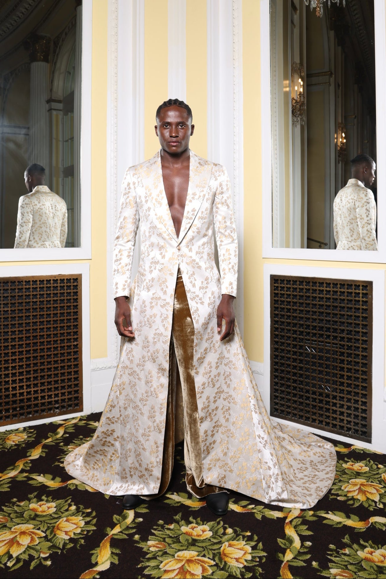 Ivory Floral Long Overcoat with Gold Velvet Pants