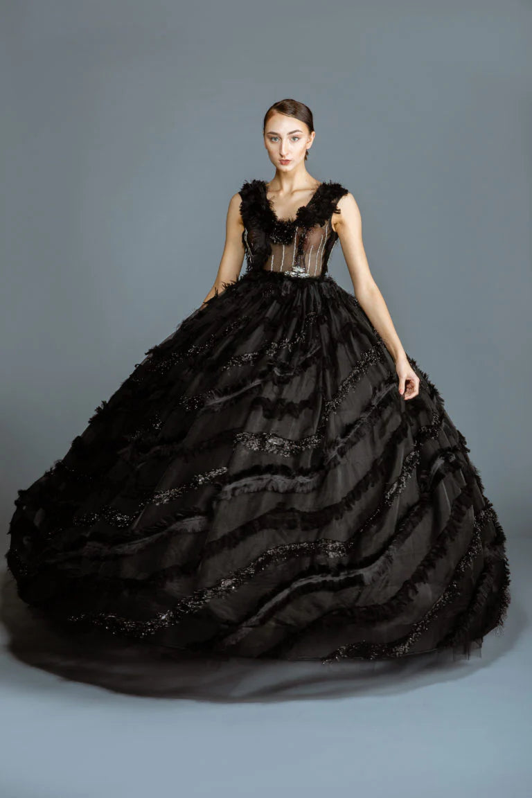 Black Fringe Sheer Full Gown