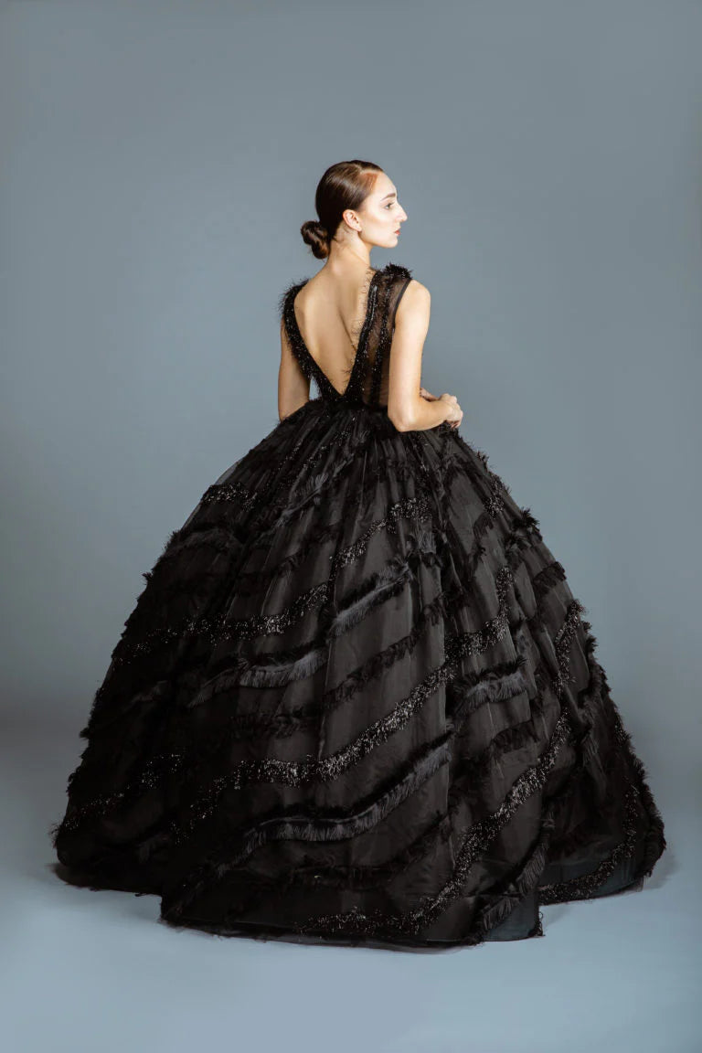 Black Fringe Sheer Full Gown