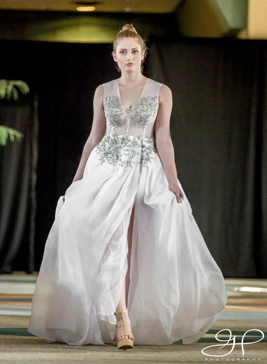 White Tulle Ruffle Ballgown w/Rhinestone Appliqués