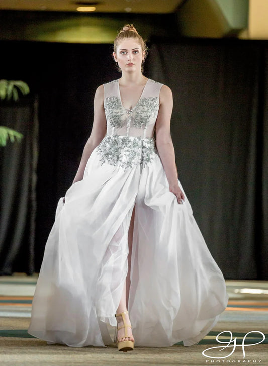 White Tulle Ruffle Ballgown w/Rhinestone Appliqués