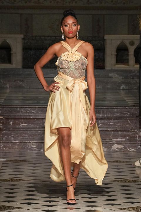 Yellow High-Low Dress w/Pearls