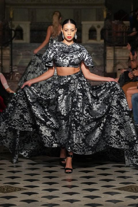Black Metallic Silver Floral Two-Piece Gown