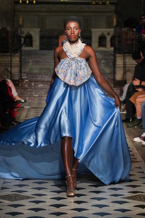 Sky Blue Satin Dress w/Floral Bow RC Caylan Atelier Sky Blue Satin Dress w/Floral Bow RC Caylan Atelier