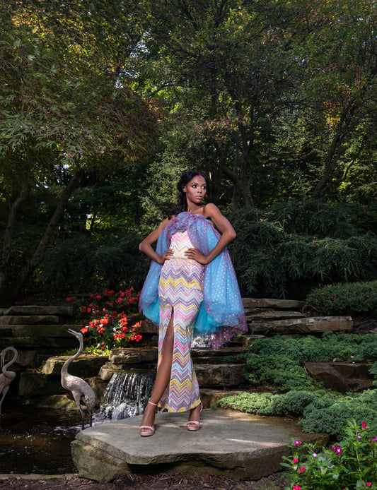 Multicolor Chevron Dress w/Tulle