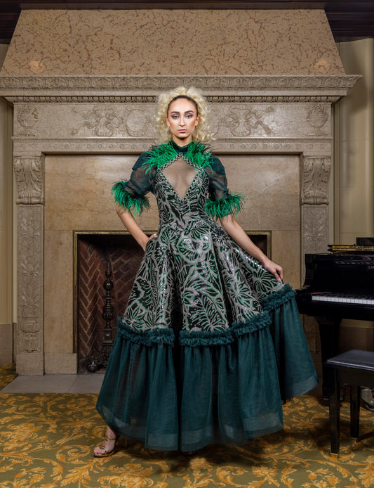 Emerald Leaf Halter Dress w/Feathers